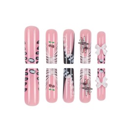 Long Press on Nails Square Fake Nails Pink False Nails French Artificial Nails with 3D White Bow Designs Acrylic Nail Press ons Black Stick on Nails for Women 24pcs