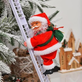 Electric Climbing Ladder Santa Claus on Rope Musical Climbing Santa Claus on Beads Chain Musical Moving Figure Plush Christmas Figurine Ornament Music Xmas Tree Hanging Ornament Holiday Party Supplies