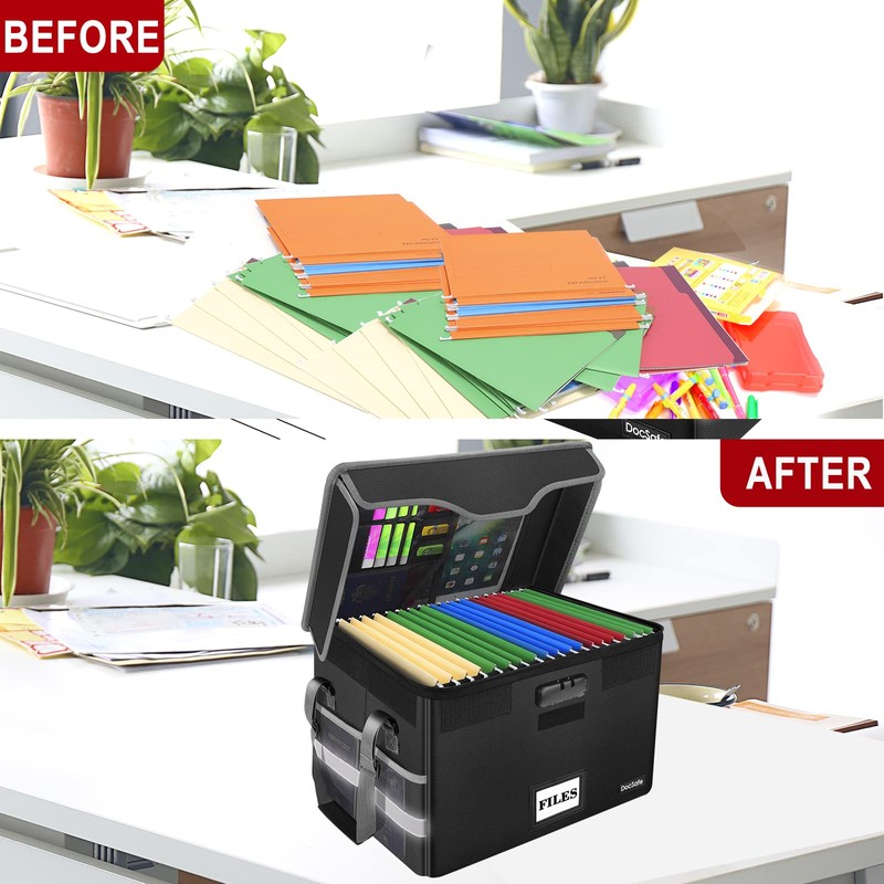 DocSafe Fireproof Document Box with Lock,File Storage Organizer with Pockets,Collapsible