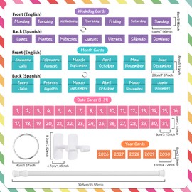 Colorful Spanish Flip Calendar for Classroom Bulletin Board Set 2in1 Bilingual Calendario Espanol Adjustable Calendar Holder Includes 55 Date Cards Back to School Organization Kit for Teacher Supplies