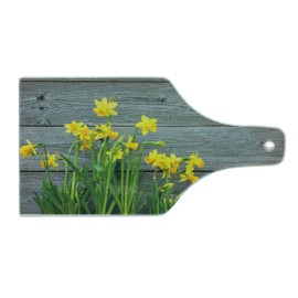 Ambesonne Yellow Flower Cutting Board, Bouquet of Daffodils on Wood Planks Gardening Rustic Country Life Theme, Decorative Tempered Glass Cutting and Serving Board, Wine Bottle Shape, Yellow Grey