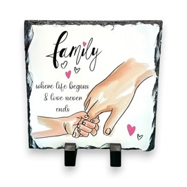 Family Slate Plaque with Stand 15 × 15 cm – “Family Where Life Begins & Love Never Ends” Decorative Home Décor