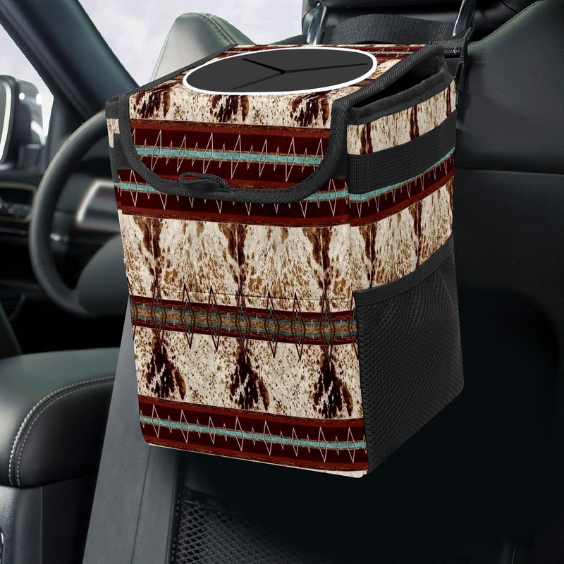 longlugoo Car Trash Can with Lid Western Cowhide Aztec Collapsible