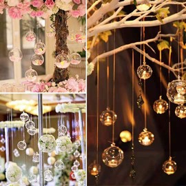 10 Pack 3.54"/90mm Acrylic Hanging Tealight Candle Holder with 10 Pack Flameless LED Candles, Globe Ornament for Air Plant, Tea Light Candlestick for Wedding Birthday Christmas Home Party Decor