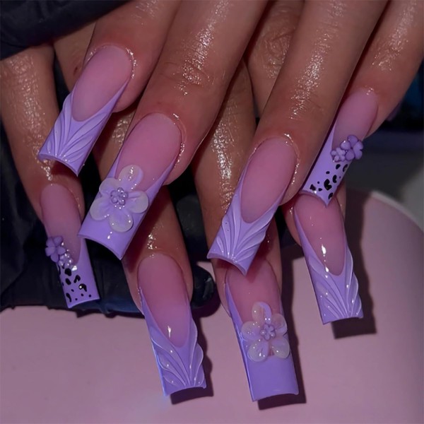 BABALAL Press on Nails Long Square Fake Nails Purple French