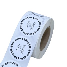 Hybsk Baked with Love Stickers with Wreath Around 1.5 Inch Round Total 500 Adhesive Labels Per Roll (Glossy Paper)