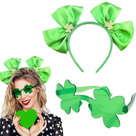 GELXGRIT St. Patrick’s Day Headband Irish Shamrock Bow Hair Hoop Green Clover Sunglasses Green Ribbon Bow Headband Hair Accessory for Women Men Holiday Party Parade Costume Accessories