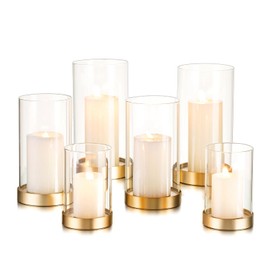 Hewory Hurricane Candle Holder for Pillar Candles: Gold Votive Candle Holders Set of 6, Glass Hurricane with Metal Candle Plate, Pillar Candle Holder for Table Centerpiece Wedding Holiday Home Decor