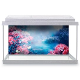 Aquarium Fish Tank Background 90x45 cm - Fantasy Magical Landscape Pink Flowers Static Cling Vinyl Vivarium Terrarium External Application #50869