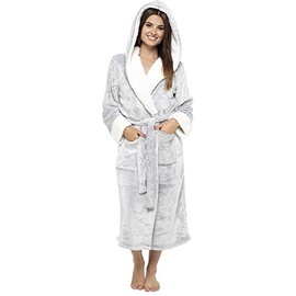 Style It Up Ladies Luxurious Soft Dressing Gown Hooded Plain Fluffy Snuggle Fleece Warm Robe, (Grey, 8-10)