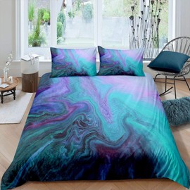 Feelyou Marble Printed Bedding Set for Girls Boys Children Abstract Art Comforter Cover Decorative Modern Bright Duvet Cover Purple Teal Bedspread Cover Queen Size 3Pcs Bedclothes