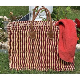 LaFiore24 Women's Shopping Basket, Natural Handbag, Natural Basket, Large, Red
