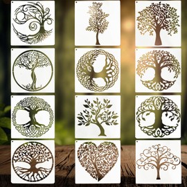 Tree Stencils, 12 Pcs Stencils for Crafts Reusable Tree of Life Stencils for Painting with Round Ring Natural Plants Stencil for Painting DIY Art Crafts Scrapbook Wall Décor