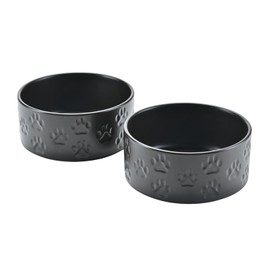 SPUNKYJUNKY Ceramic Dog and Cat Bowls 2 Pack, 5.1'' Dog and Cat Food Water Double Feeding Bowls Non-Slip for Cats and Puppy Small Sized Breed Dogs Microwave Dishwasher Safe - 13.5 OZ, 2pcs, Paw Black