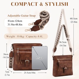 Kasgo Crossbody Bag for Women, Vegan Leather Shoulder Bag Small Ladies Handbag Purse with Guitar Strap for Travel Work Daily, Brown