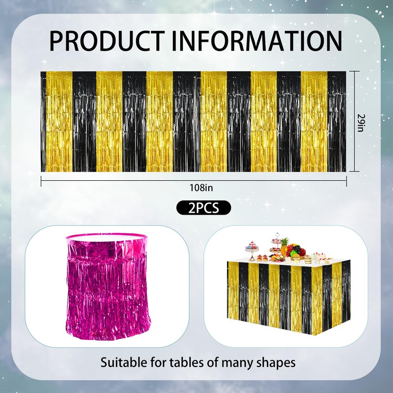 2 Packs Metallic Foil Fringe Table Skirt Black Gold Tinsel