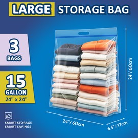 15 Gallon Large Resealable Storage Bags with zipper Top，24" x 24" Heavy Duty Clear Bags with Handles, 4 Mil Thick - Perfect for Clothing, Pillows, Travel, and Moving (3-Pack)