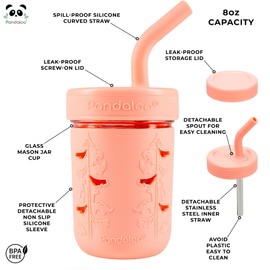 Pandaloo® Mason Jar Toddler Cup - 8 oz Spill-Proof Glass Tumbler with Silicone Straw and Lid, Non-Slip Sleeve, BPA-Free Toddler Snack Cups - Perfect Smoothie Cups with Lids and Straws for Kids
