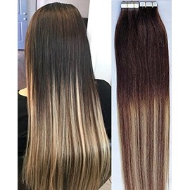 Hair Faux You 18" Tape in Hair Extensions Remy Human Hair Glue in Extensions Color #T2-6/613 Balayage Ombre Highlighted 50g 20Pcs/Package
