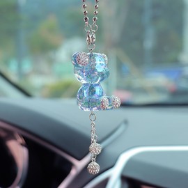 YOYLMAL Bling Diamond Car Hanging Accessories for Women and Girls, Cute Crystal Bear Car Rear View Mirror Charms Pendant Lucky Hanging Ornament Car Interior Decorations (Blue)