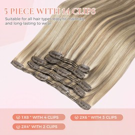 MEI YUAN LIN Clip In Hair Extensions Real Human Hair Ash Blonde Mix Bleach Blonde 5pcs 85g 12inch
