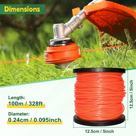 VVFLED Strimmer Line Wire, 1 Spool Round String Trimmer Line Weed Eater String 2.4mm x 100m, Nylon Weed Wacker String, 095 Trimmer Line Heavy Duty for Lawn Mower, Trimmer, Orange (0.095 Inch x 328 Ft)