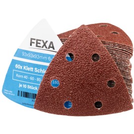 Fexa Triangular Sandpaper - Multitool Sandpaper Triangle Sandpaper Multi Sander - 93 x 93 x 93 mm, 40-240 Grit, 6-Hole, Pack of 60