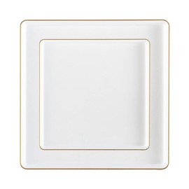 EcoQuality Combo Set 7.75" Dessert Plates and 10.75" inch Square White Plastic Plates with Gold Rim, Disposable China Like Party Plate, Heavy Duty Dinner Charger Plate, Salad, Wedding, Tableware (30)