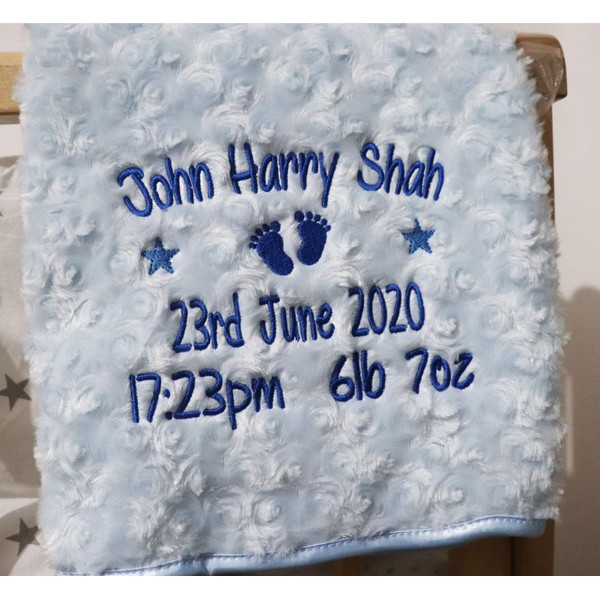 Personalised Baby Blanket Luxury Rosebud Style Blue Round Font Name
