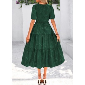 KIRUNDO Womens Summer Dresses Wedding Guest Floral Midi Sundress Short Puff Sleeve Flowy A Line Smocked Tiered Boho Dress(Dark Green, Small)