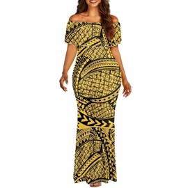 Guosanchn Polynesian Dresses for Women 2024 Off Shoulder Maxi Dress Hawaiian Outfit Dresses Puletasi Samoan Traditional Dress Summer Beach Clothes Sun Dress Wedding Guest Dresses, M