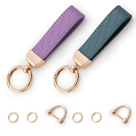 Handlive 2 Pack Leather Keychains, Car Key chains for women men, Key Fob Holder with Keyrings, Anti-Lost D-Ring (Purple Gold and Blue Gold)
