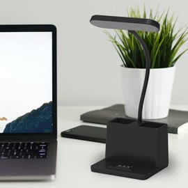 AXX Black LED Desk Lamp for Home Office Bedroom, Battery Operated Table Light for Computer Desktop, Small, Cute, Dimmable, Rechargeable, Flexible Gooseneck, Pen Holder, Phone Mount, Touch Control