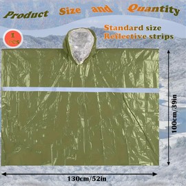 High Visibility Emergency Survival Poncho, Mylar Liner with 2" Reflective Strips, 100% Waterproof and Windproof, Retains 92% Body Heat, Portable, Outdoor, Hiking, Camping (Green)