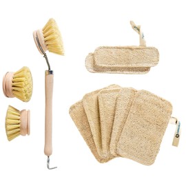 Chinchilla® Set of 7 Loofah Sponges + 1 Washing Up Brush with 3 Interchangeable Heads, 7 Sustainable Washing Up Sponges in Various Sizes, Kitchen Brush with Natural Fibre Bristles, Reusable and
