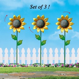 WAIU Metal Sunflower Flower Garden Stakes, Wind Catcher Spinner Garden Stakes, Garden Windmill Stakes Outdoor Wind Catchers, Yard Decor Stakes, Set of 3