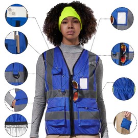 AYKRM Blue Women Hi Vis Vests blue High Visibility Reflective Safety Security Vest with Pockets zipper