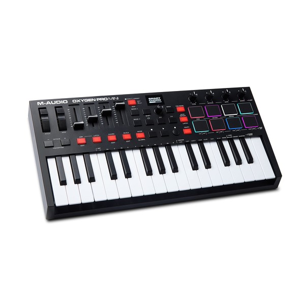 M-Audio Oxygen Pro Mini – 32 Key USB MIDI Keyboard Controller With Beat Pads, MIDI assignable Knobs, Buttons & Faders and Software Suite Included,black