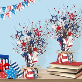 Kenburg 2 Packs 4th of July Artificial Tree Tabletop Decor Patriotic Tree Red Blue White Artificial Berry Stem Picks Wooden Star Shaped America Flag Cotton Base Farmhouse Tree for Independence Day