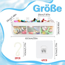 Bath Toy Storage, 63 cm Bath Net for Toys, Bath Toy Storage with 3 Compartments, Children's Mesh Shower Toys Holder with 4 Hooks, Mesh Bath Toy for Bedroom