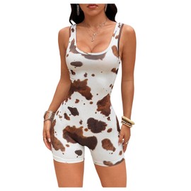 SOLY HUX Women's Summer Rompers Cow Print Scoop Neck Sleeveless Bodycon Short Jumpsuit Multicoloured Cow Medium