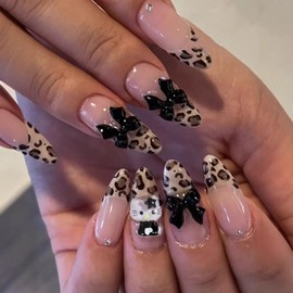 24Pcs French Tip False Nails Almond - French False Tip with Black Bow - Leopard Print Cute Nails with Kitty - Medium Length Glossy Full Cover Glue on Nails - Removable DIY Art