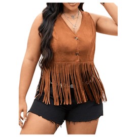 BEAUDRM Women's Plus Size Fringe Trim Hem Jacket Sleeveless V Neck Button Front Vintage Jackets 70s Outfits Brown 2XL