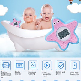 Termómetro Flotante de Agua para bebé con Forma de Estrella de Mar, Apariencia de Dibujos Animados, Advertencia de Temperatura LCD, Termómetro para Bañera Impermeable con Reloj