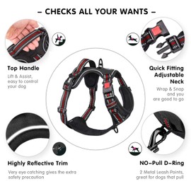 PoyPet No Pull Dog Harness, [Release on Neck] Reflective Adjustable No Choke Pet Vest with Front & Back 2 Leash Attachments(Black+Red,M)