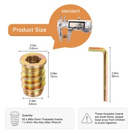 M8-1.25 x 15mm Threaded Inserts for Wood, Hex Drive Wood Nut Inserts, Exceptional Threaded Insert Nuts for Furniture, Wooden Products & Models, 50 PCS