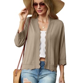 GRECERELLE Women's 3/4 Sleeve Summer Lightweight Knit Cropped Shrugs Cardigan Sweater, Khaki, M