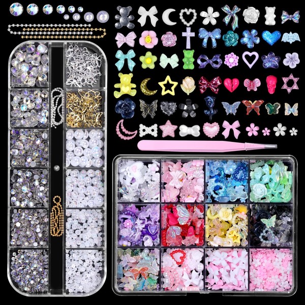 Cynailli 3D Nail Charms Set, Color Blossom Flower Bow Moon