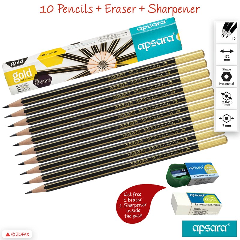 Apsara Gold 10 Wooden Pencils Eraser Sharpener Break-Resistant Lead Office