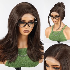 HAIRCUBE Long Wavy Wigs for Women with Partial Bangs, Heat Resistant Fibre Synthetic Lace Front Wig Brown Color